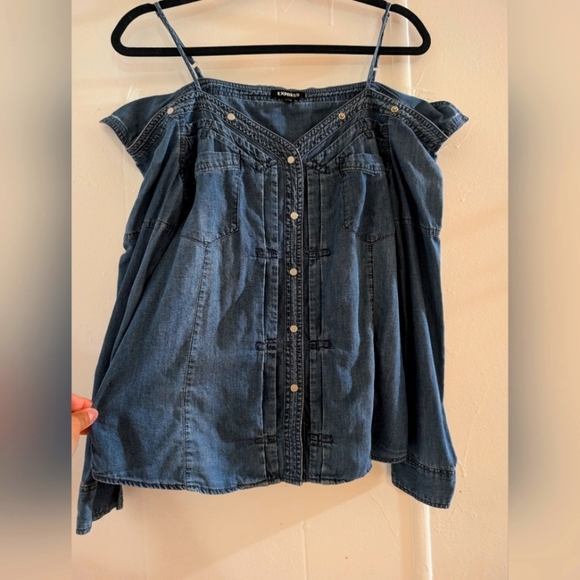 🛍️4 For $15🛍️Express Denim Off-Shoulder Top - Picture 1 of 7